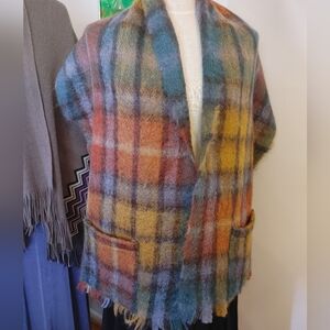 Inverness Scotland Hand Woven Multicolor Plaid Wool Blend Shawl POCKETS